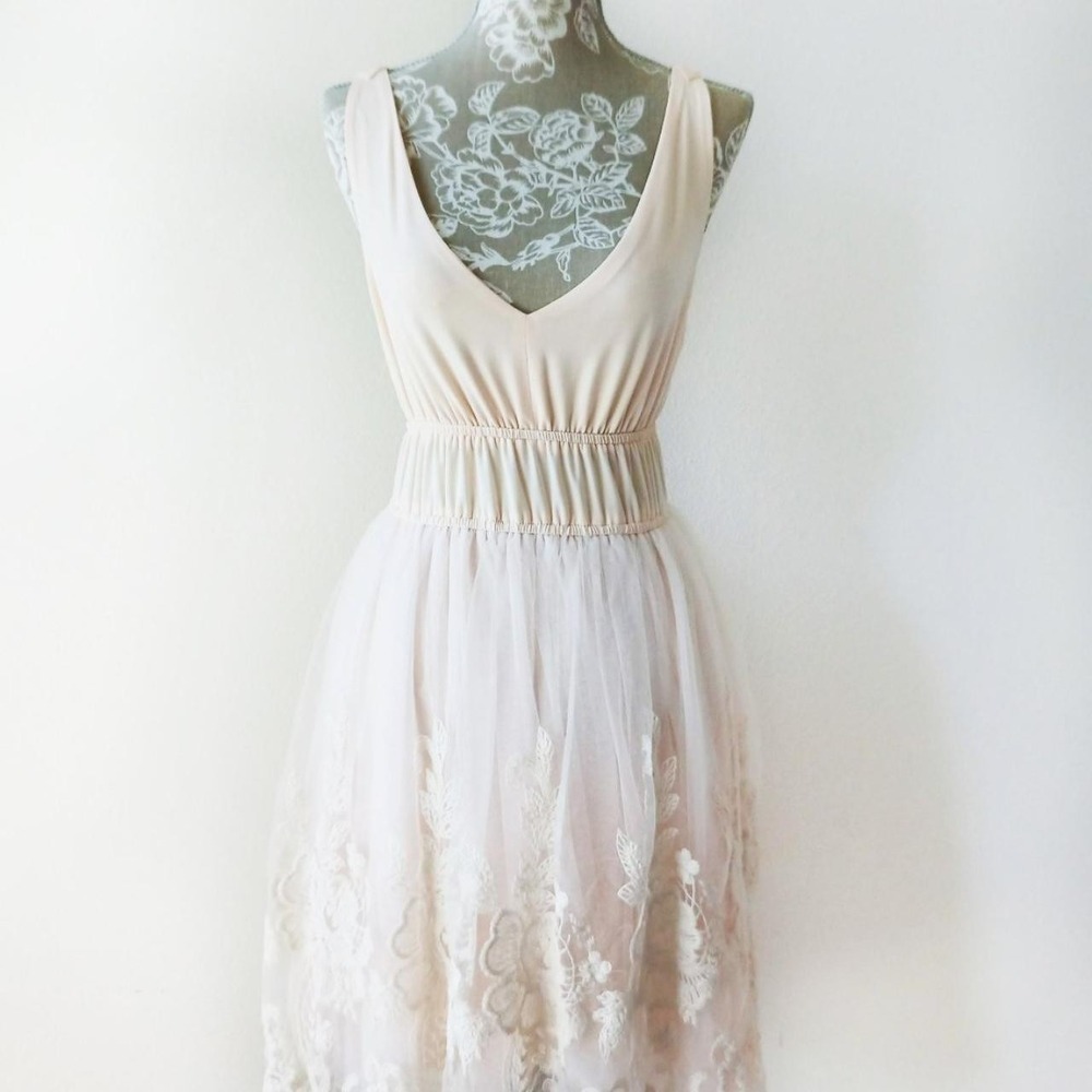 Ultra Pink Blush Tulle Dress Floral Lace Embroidered Slip Dress Sz M Fairy